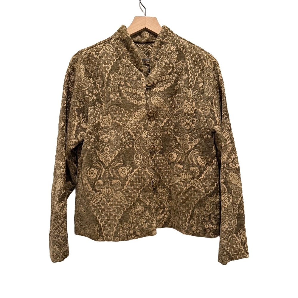 Vintage Tapestry Coat Brown Patterned Stand Collar Eclectic Grandpa Chic est Med